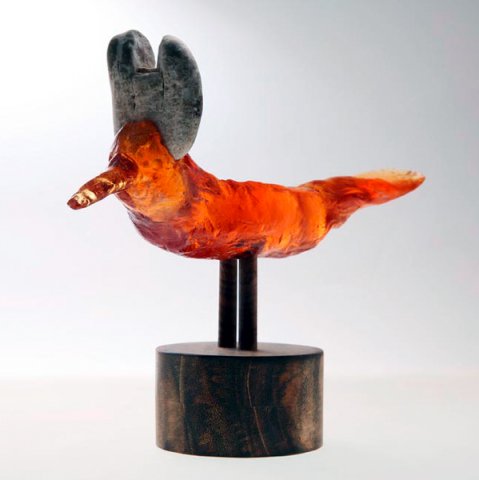 Oranžový ptáček II, přibližně 10x15x5 cm, sklo
